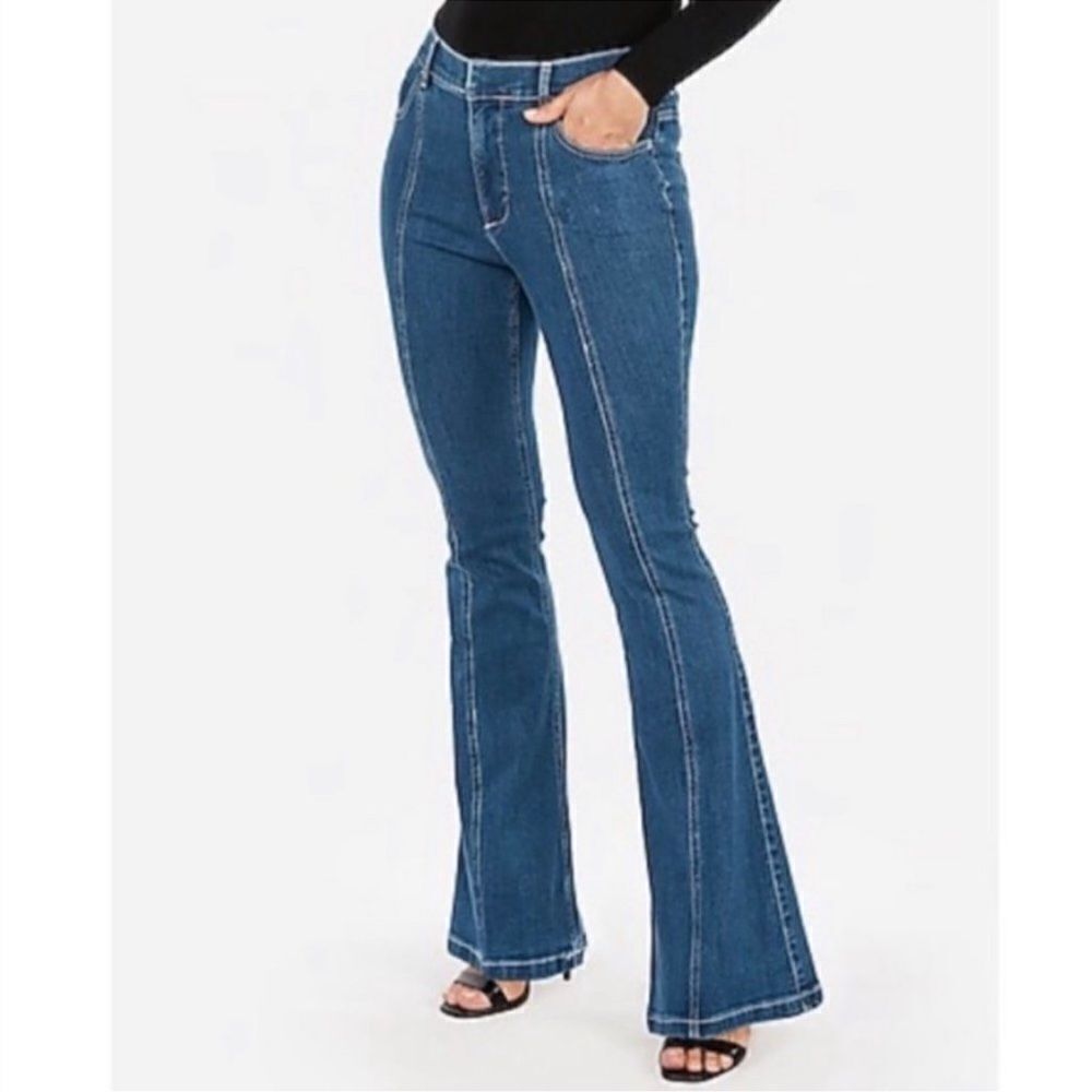 EXPRESS 12R Bell Flare High Rise Front Seam Medium Wash Blue Jeans